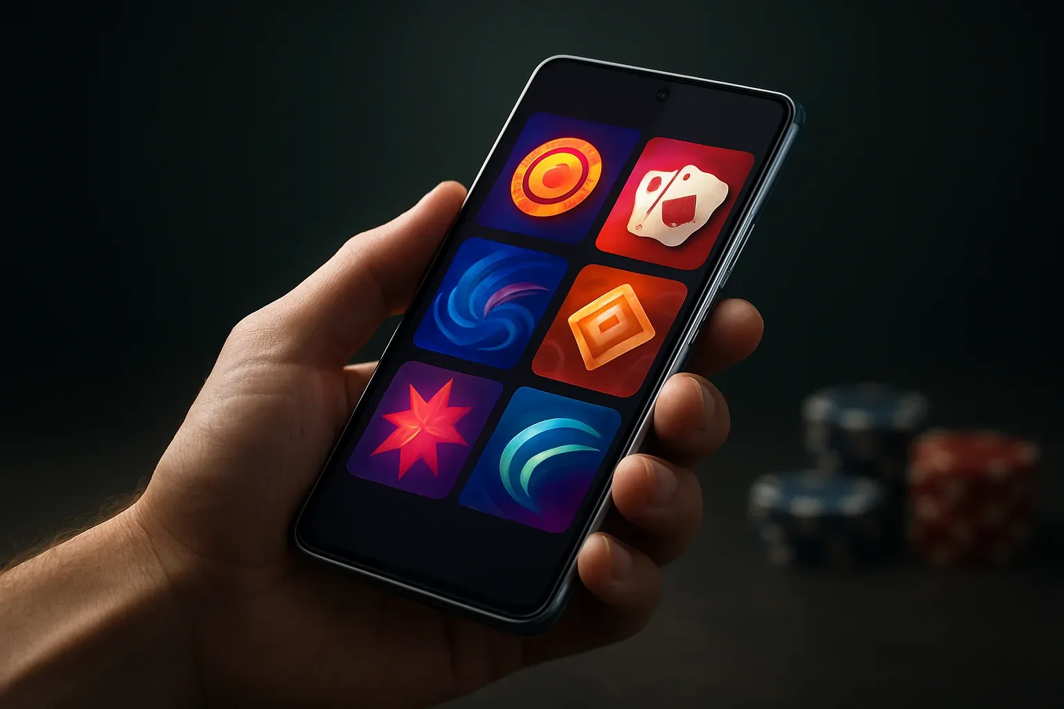 Flagship Android smartphone showing vivid casino app interface in dramatic lighting