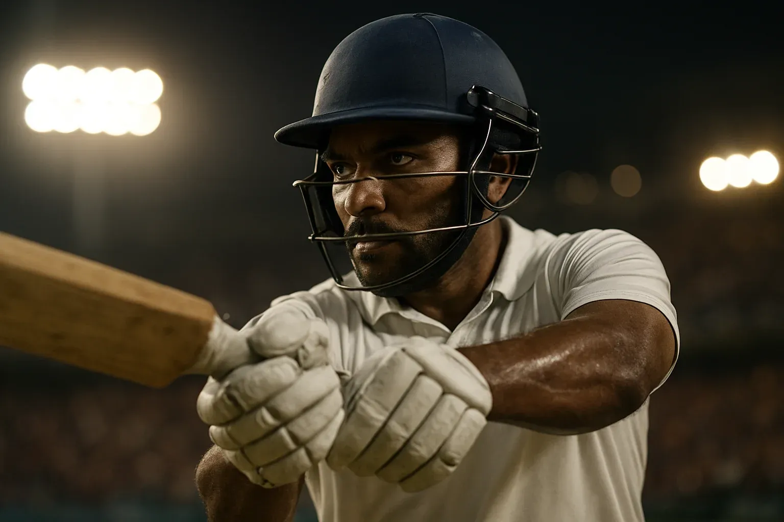 Bangladeshi male cricket batsman in white kit mid-swing under stadium floodlights
