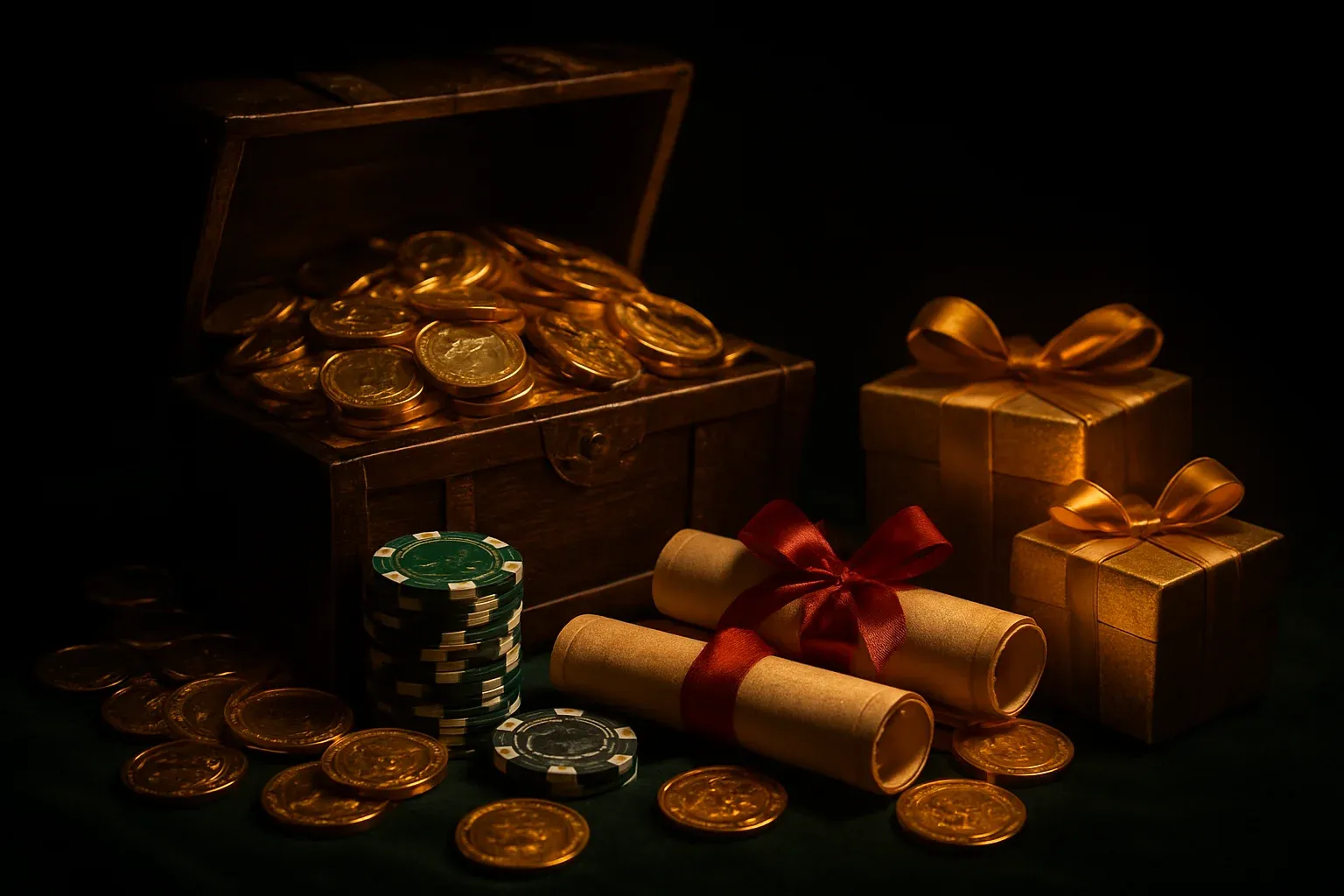 Overflowing treasure chest with coins, casino chips, vouchers, and gift boxes