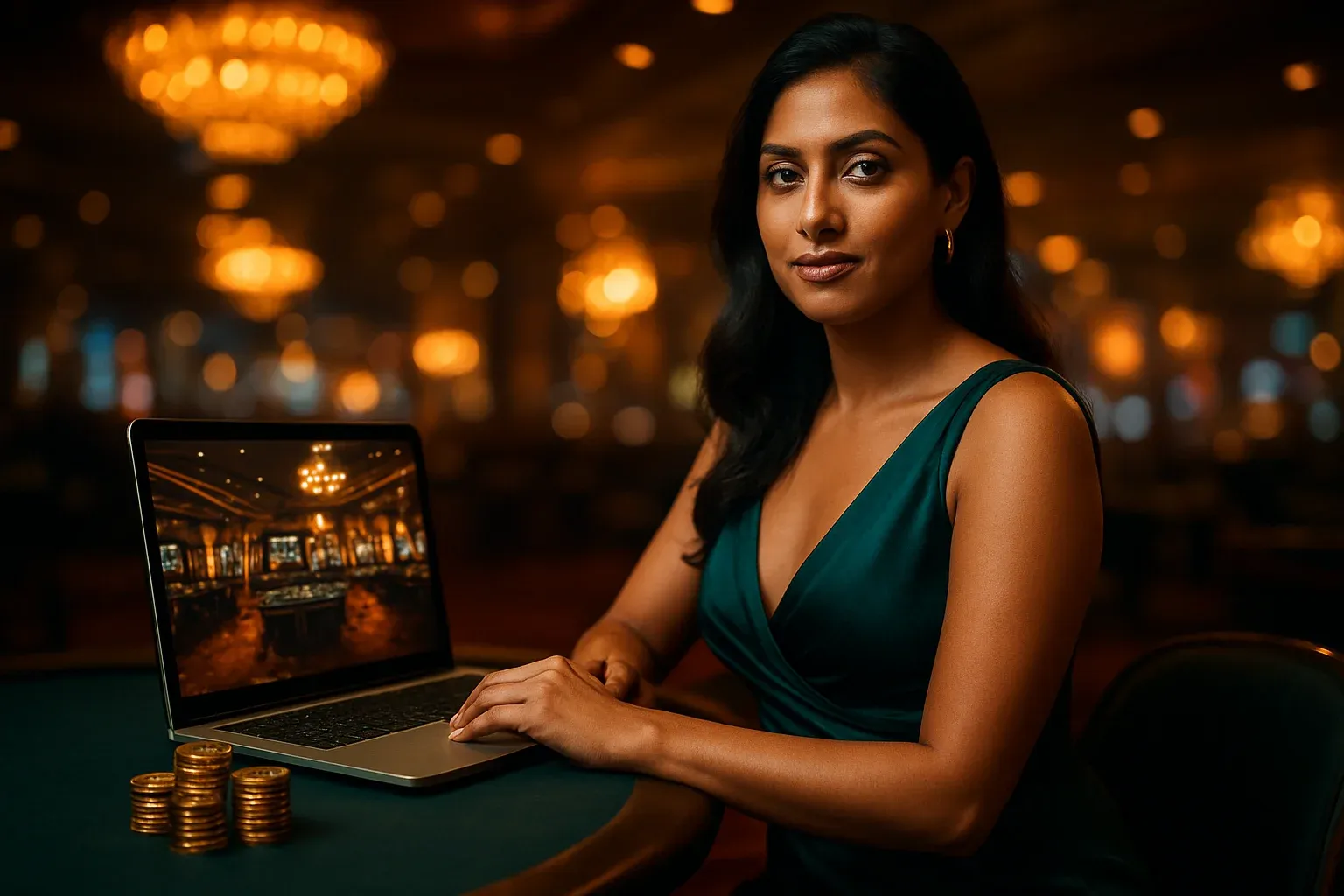 Elegant Bangladeshi woman at luxury online casino lounge with laptop and chips