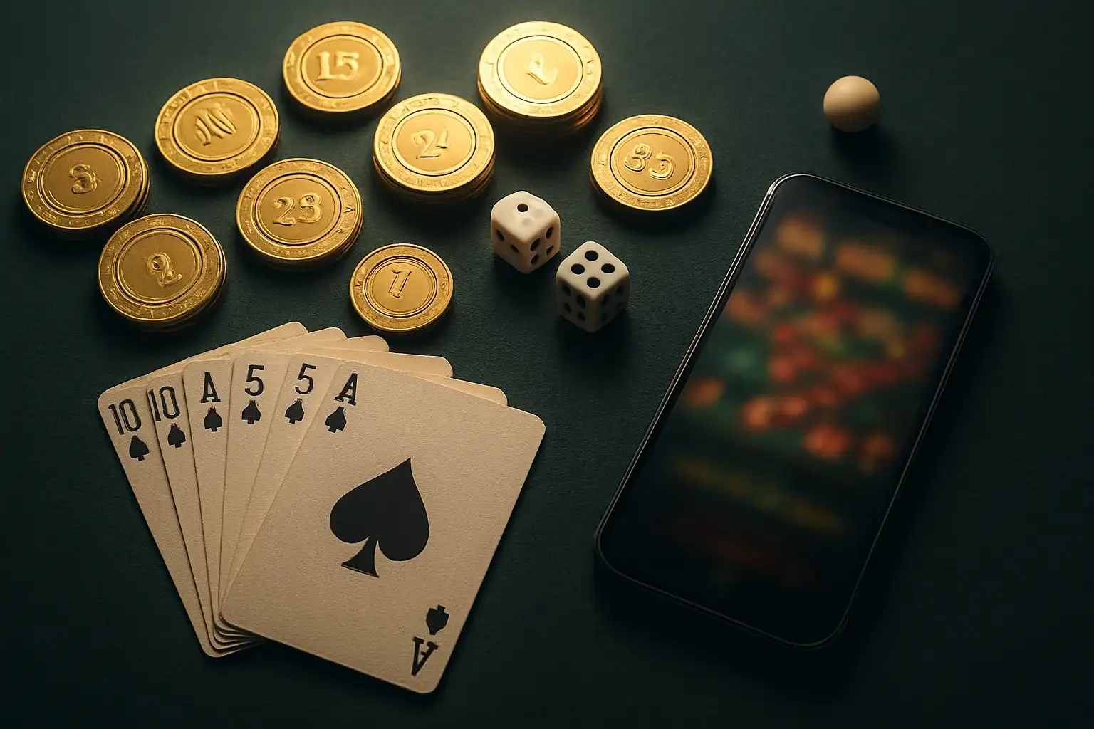 Top-down casino table with gold chips, cards, dice, roulette ball, smartphone