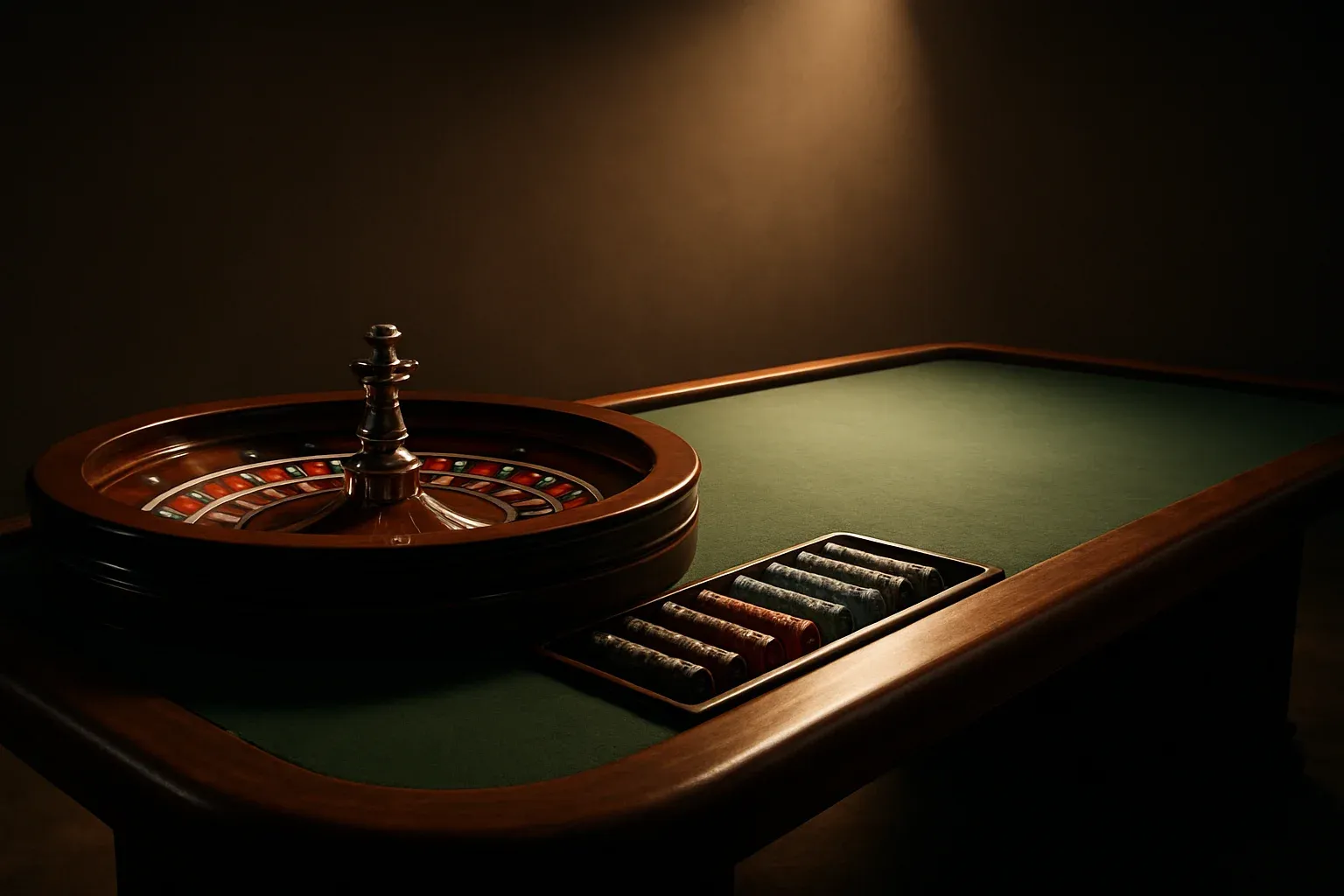 Hyperrealistic live casino studio with empty roulette table and dramatic lighting
