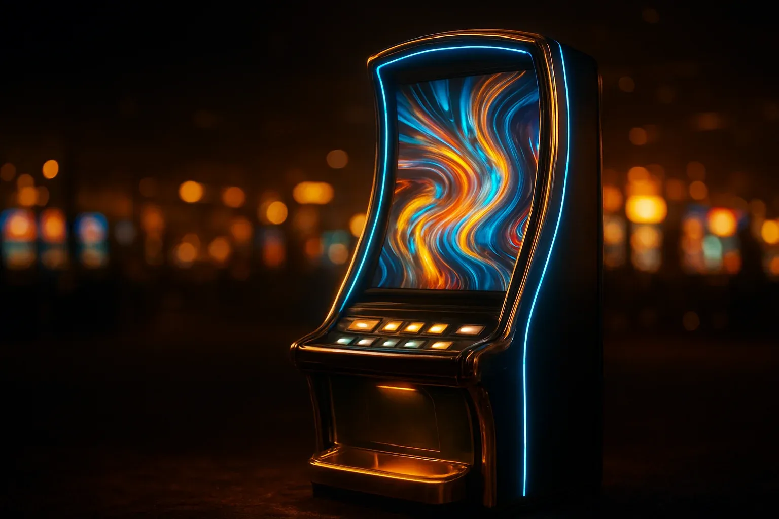 Hyperrealistic premium slot machine glowing in dark luxury casino floor